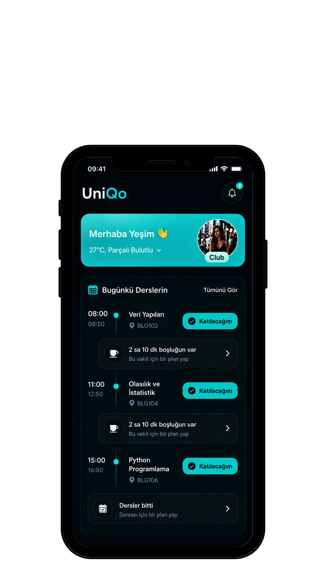 UniQoo ana ekranı: günün dersleri ve ders aralarındaki boşluklar için plan önerisi